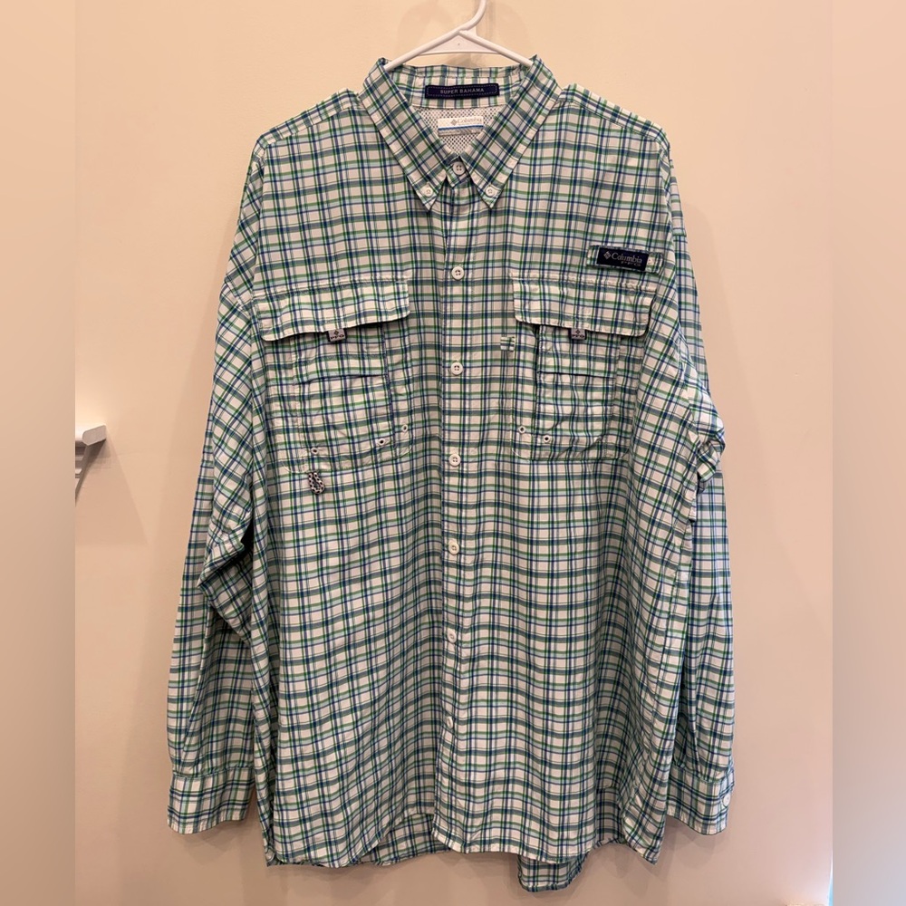 Columbia Men's Blue and Green Checkered Shirt